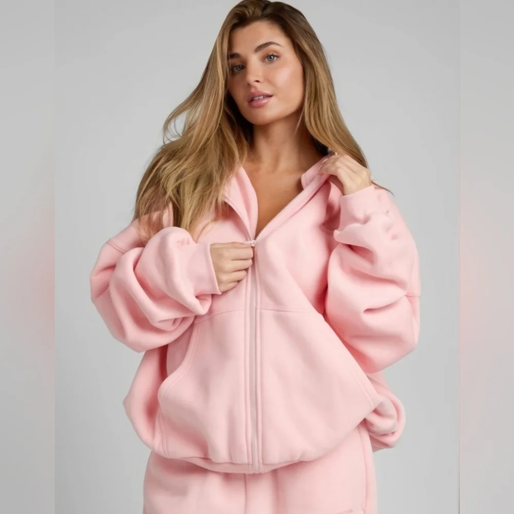 Comfrt Oversized Relaxed Full-Zip Hooded Sweatshirt- In BUBBLEGUM!! UNISEX!! - Picture 5 of 11